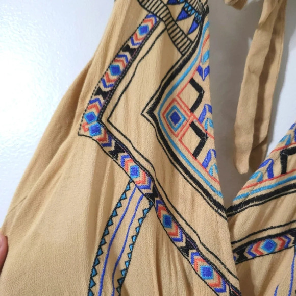 FLYING TOMATO Halter Neck Embroidered Khaki Wide Leg Jumpsuit, High Low Hem, L - Picture 4 of 16